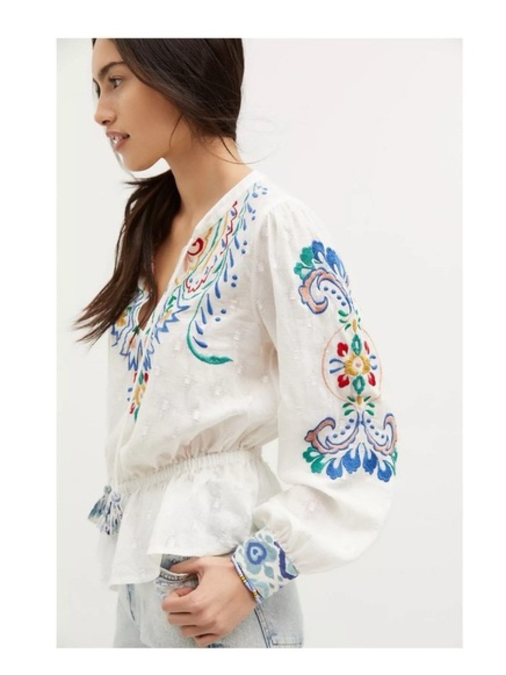 Anthropologie Forever That Girl White Embroidered Boho Peasant Blouse - Picture 2 of 7